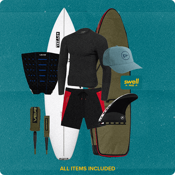 Prize bundle: Custom Pyzel surfboard, Futures fins, Florence gear, wave pool session, and Veia accessories